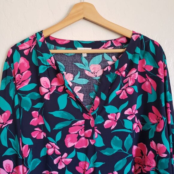 Talbots Split V-Neck Tropical Floral Top Blue/Pink Women's 3X Hawaiian Vacation - Picture 3 of 10